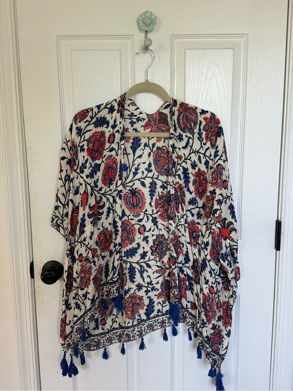Boho Floral Tassel Kimono Top - Cream with Red & Blue